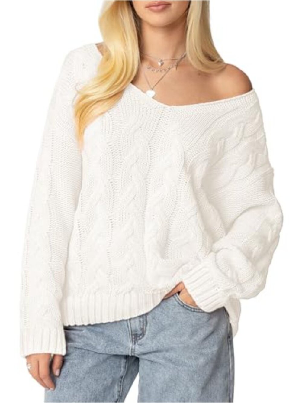 Oversized Cable Knit V Neck Sweater Drop Shoulder Pullover